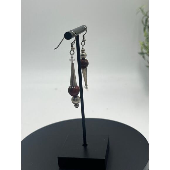 Artisan Made Mismatched Brown Jasper Ball Sterling Silver Dangle Earrings - Picture 4 of 11